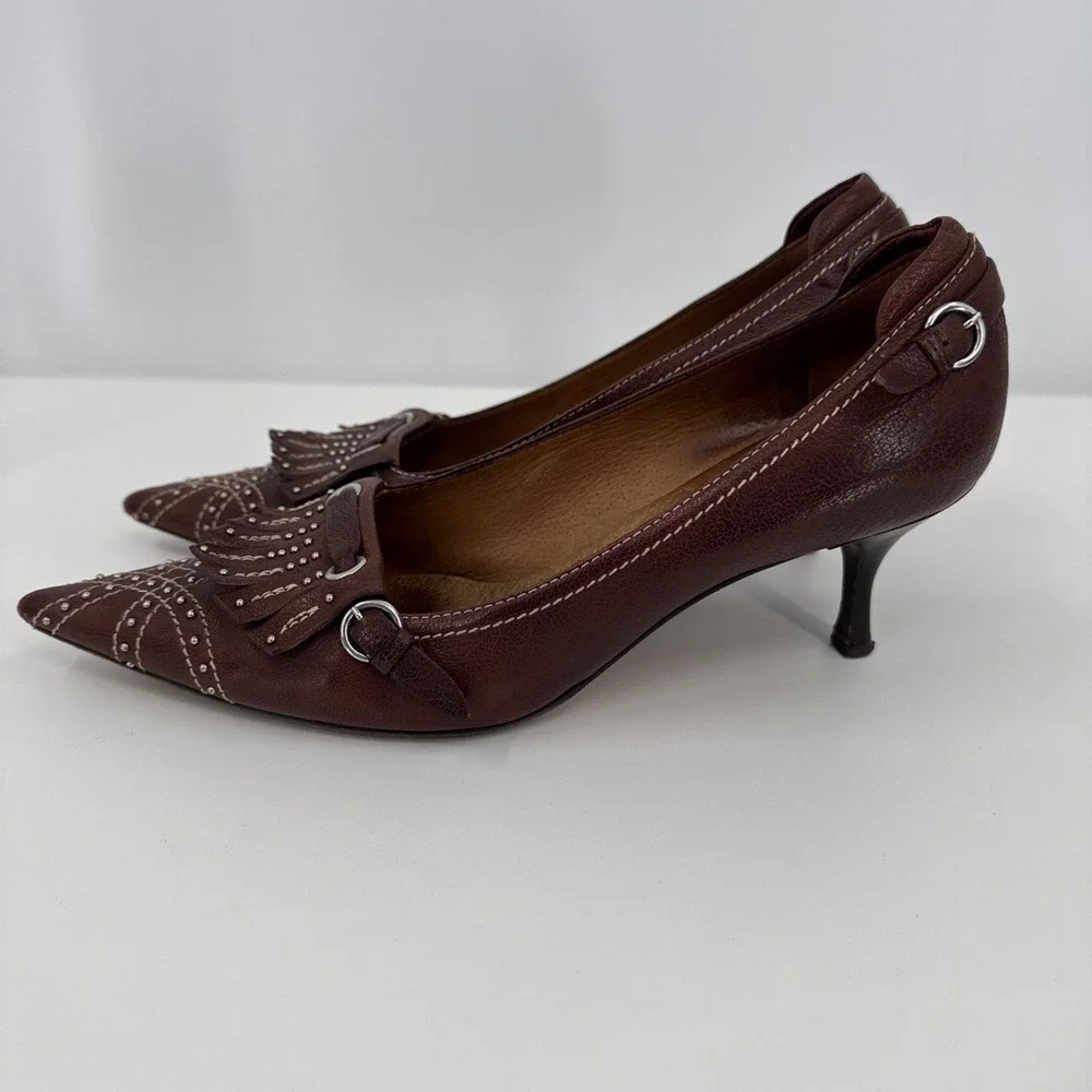 Ballin VTG Brown‎ Leather Kitten Heel 37.5 Italy Studded Fringe Metal Classic